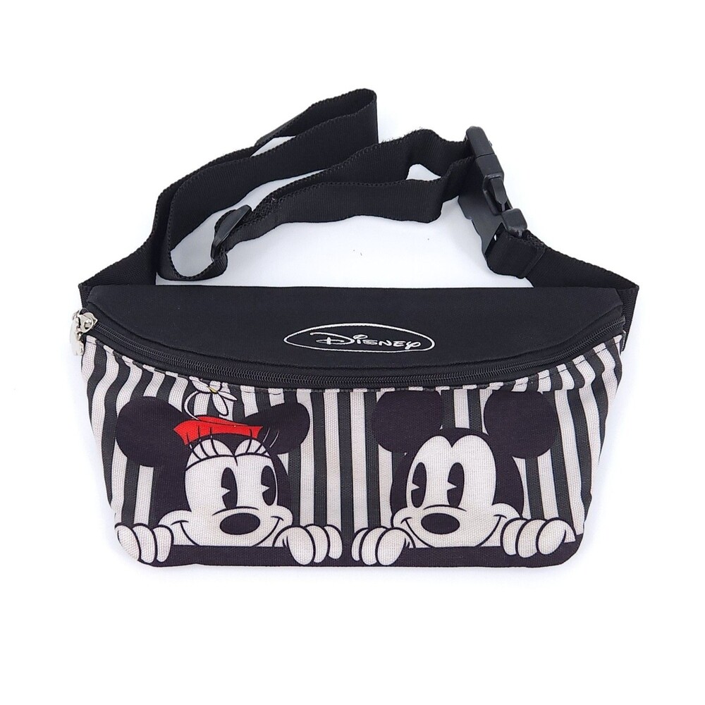 Disney Mickey Minnie Mouse Black White Striped Fanny Pack Waist Bag Peeking